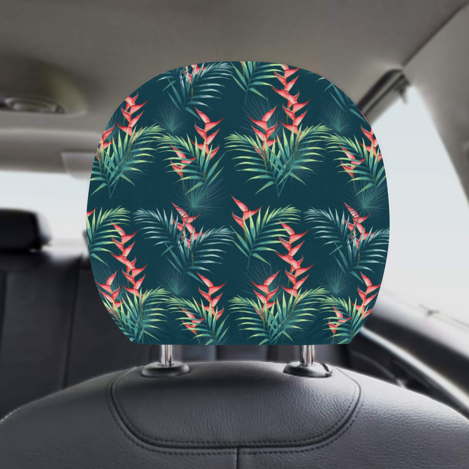 heliconia flowers, palm and monstera leaves on bla Car Headrest Cover