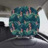 heliconia flowers, palm and monstera leaves on bla Car Headrest Cover