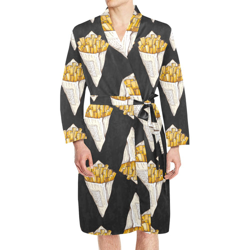 French fries dark background Men's Long Sleeve Belted Night Robe