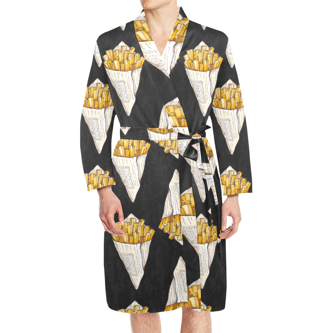 French fries dark background Men's Long Sleeve Belted Night Robe
