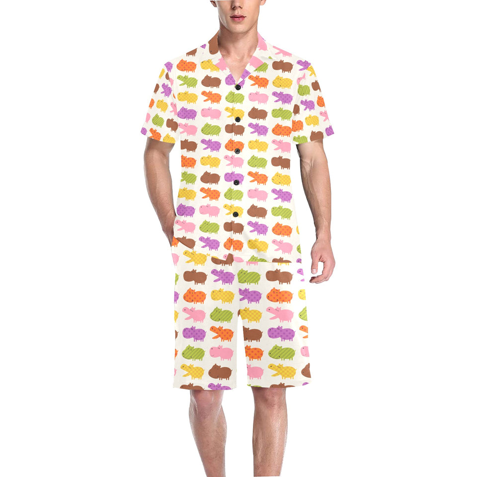 Hippopotamus Pattern Print Design 01 Men's V-Neck Short Pajama Set