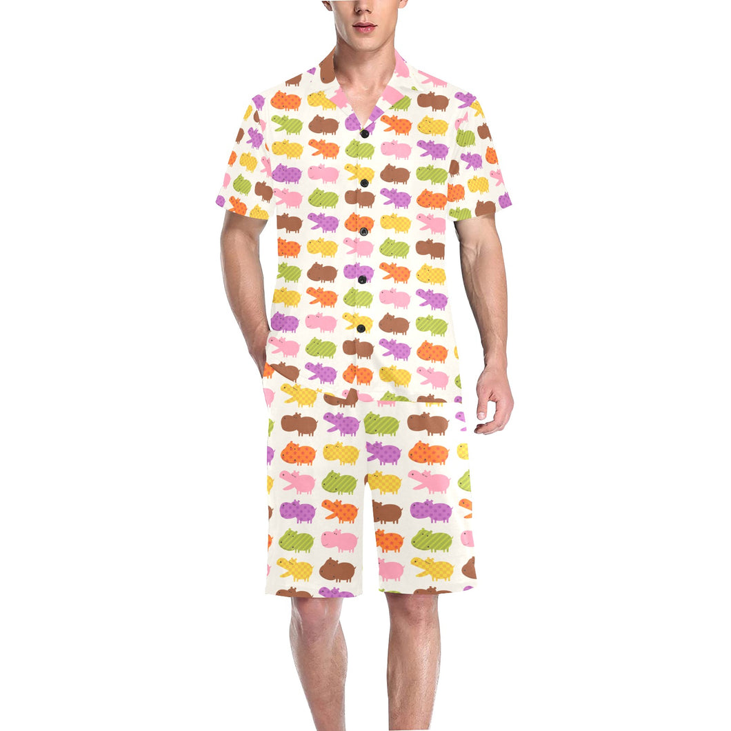 Hippopotamus Pattern Print Design 01 Men's V-Neck Short Pajama Set
