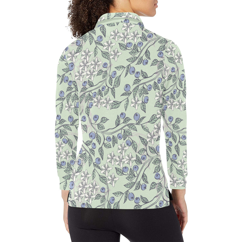 hand drawn blueberry pattern Women's Long Sleeve Polo Shirt