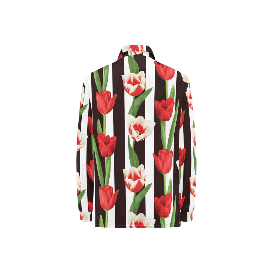 red and white tulips pattern Women's Long Sleeve Polo Shirt