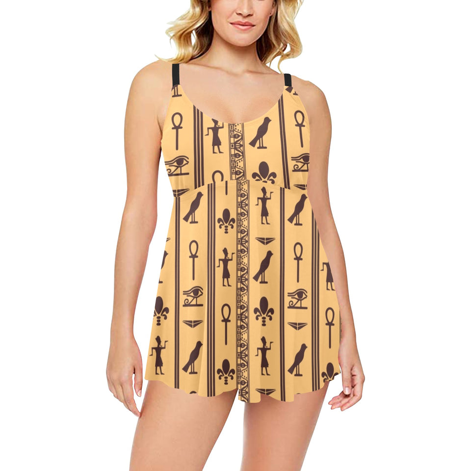 Egypt Hieroglyphics Pattern Print Design 02 Chest Sexy Pleated Two Piece Swim Dress