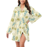 Seahorse shell starfish pattern background Women's Long Sleeve Belted Night Robe