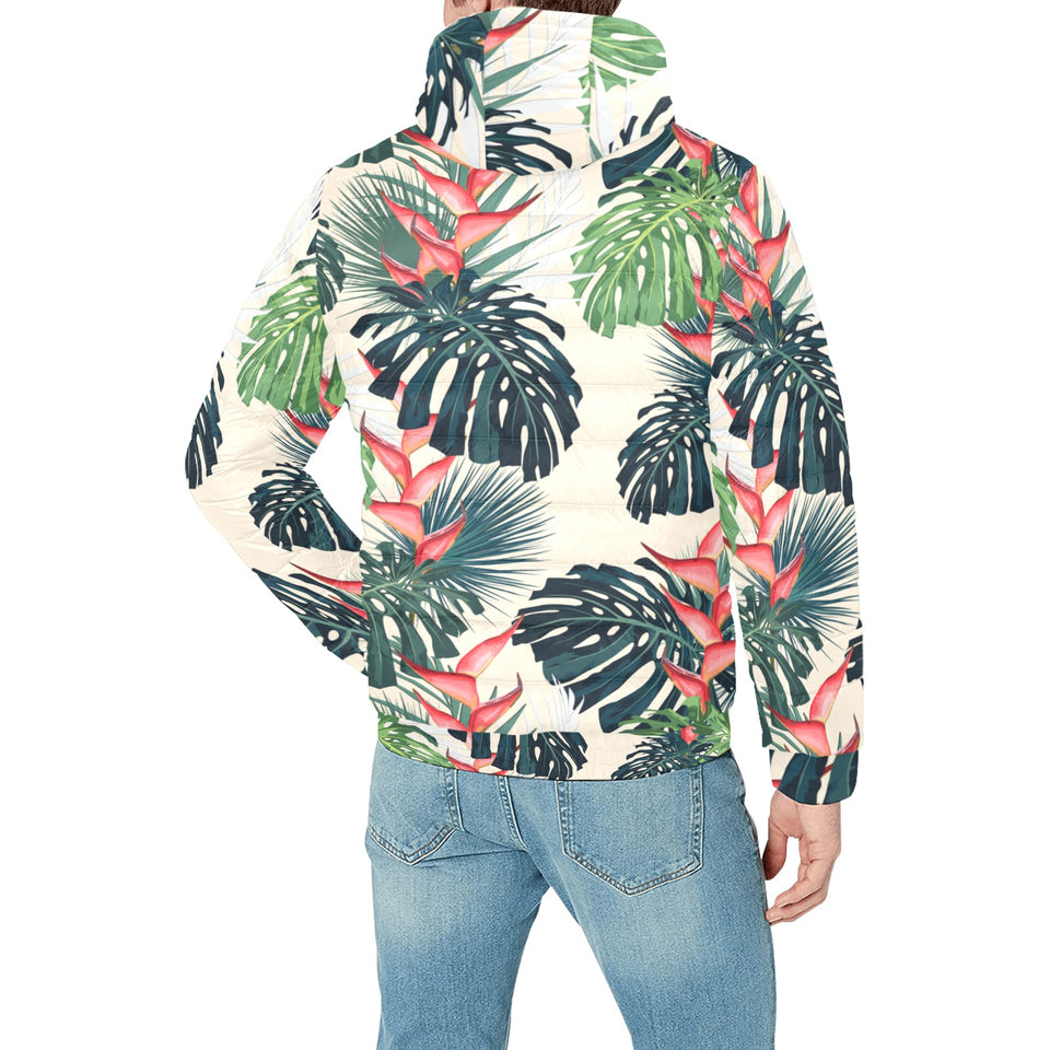 heliconia flowers, palm and monstera leaves Men's Padded Hooded Jacket