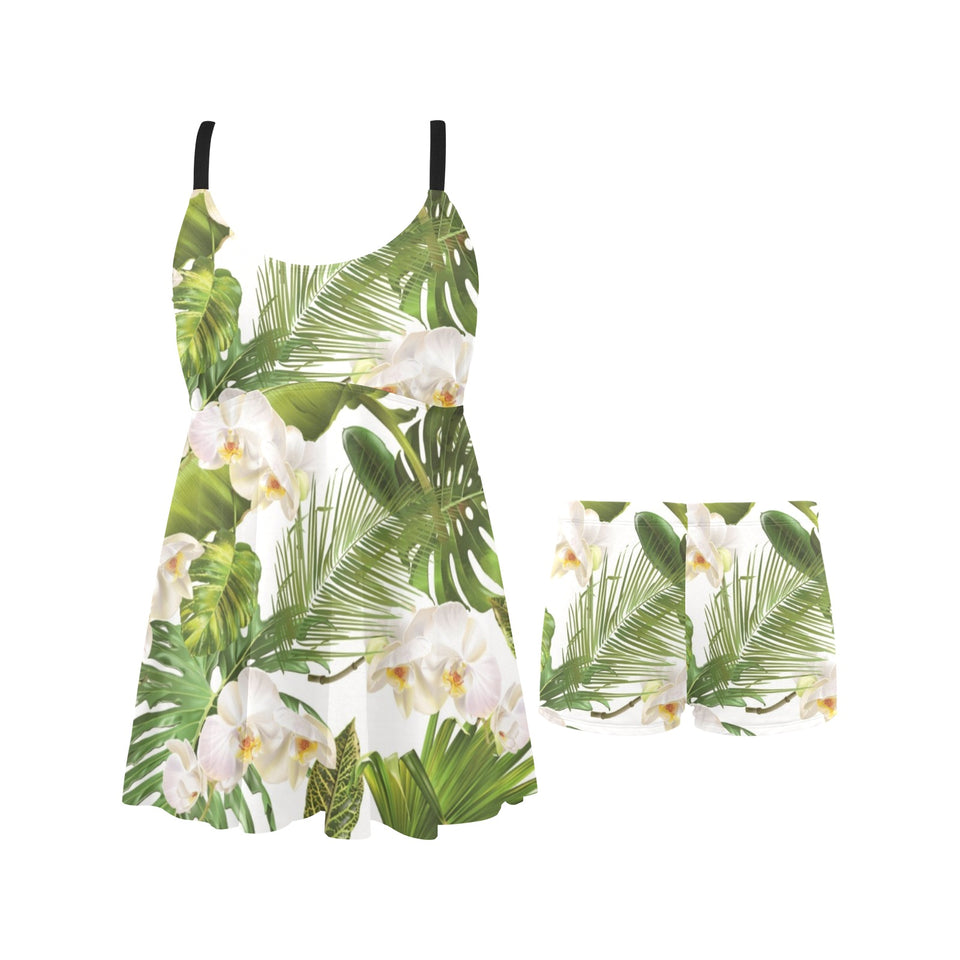 White orchid flower tropical leaves pattern Chest Sexy Pleated Two Piece Swim Dress
