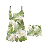 White orchid flower tropical leaves pattern Chest Sexy Pleated Two Piece Swim Dress