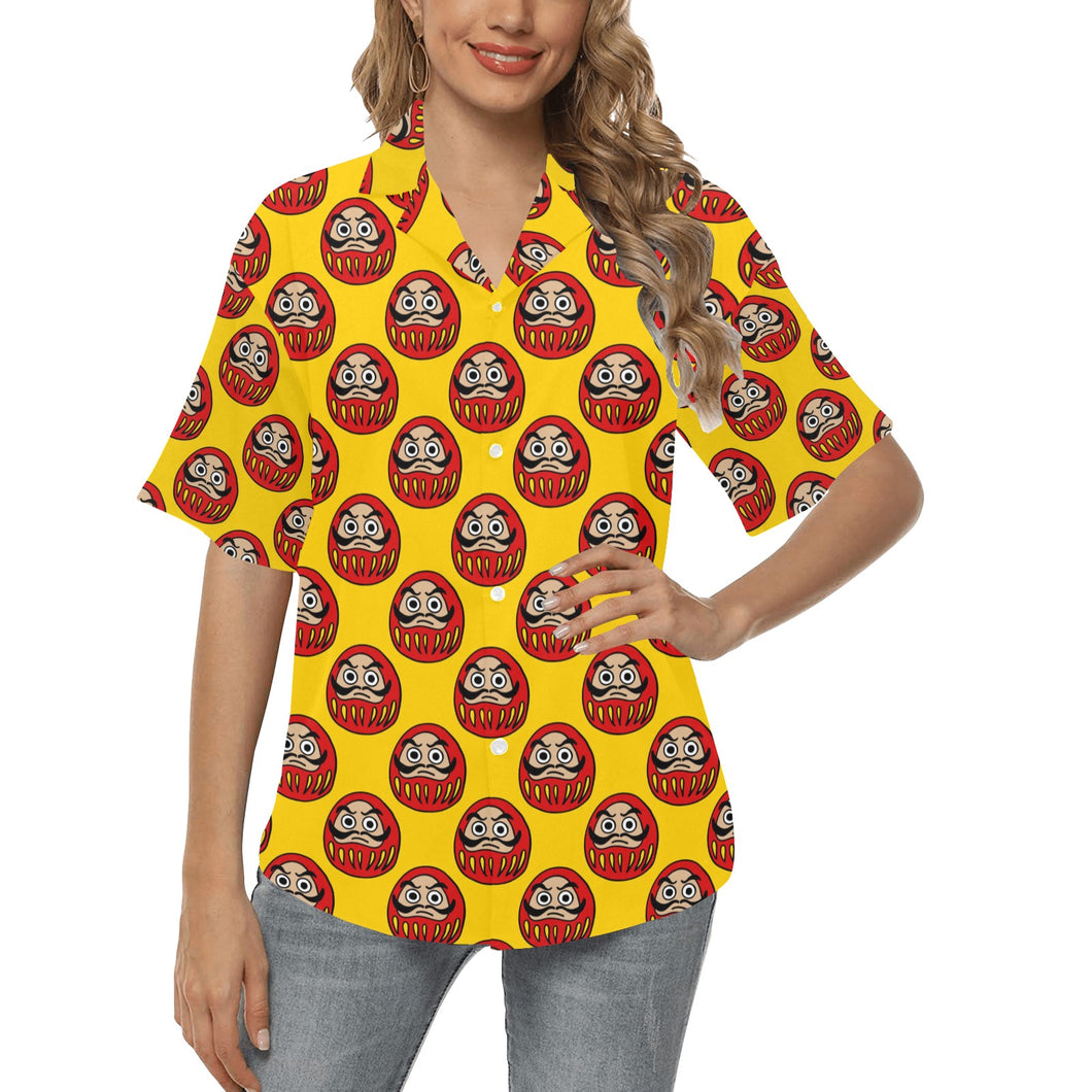 Daruma japanese wooden doll yellow background Women's All Over Print Hawaiian Shirt