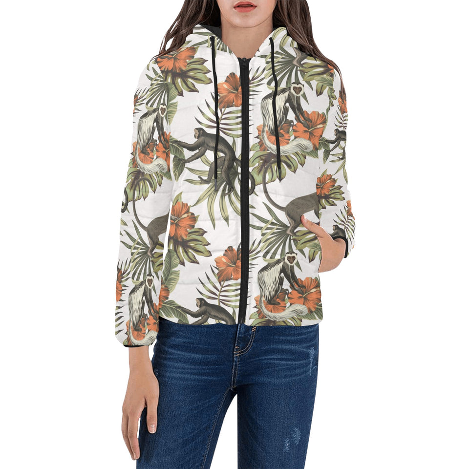 Monkey red hibiscus flower palm leaves floral patt Women's Padded Hooded Jacket