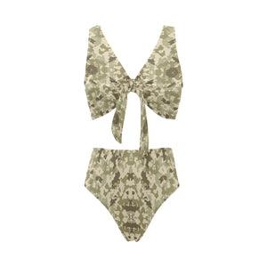 Light Green camouflage pattern Chest Bowknot High Waisted Bikini Swimsuit