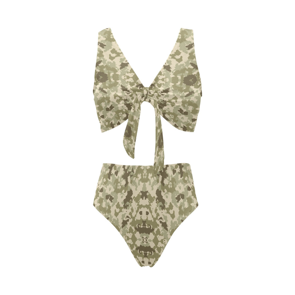 Light Green camouflage pattern Chest Bowknot High Waisted Bikini Swimsuit