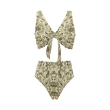 Light Green camouflage pattern Chest Bowknot High Waisted Bikini Swimsuit