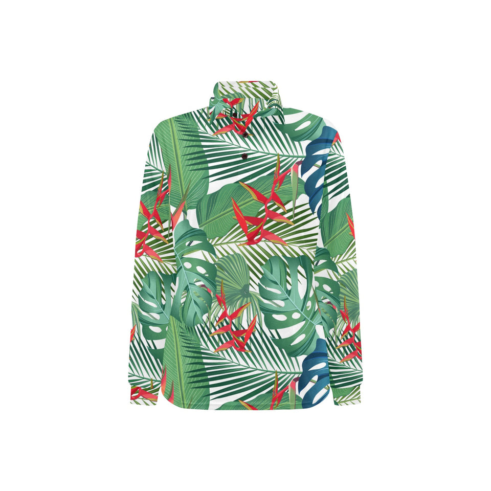 heliconia palm and monstera leaves pattern Women's Long Sleeve Polo Shirt