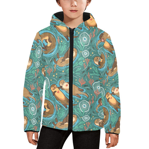cute brown sea otters ornamental seaweed corals gr Kids' Boys' Girls' Padded Hooded Jacket