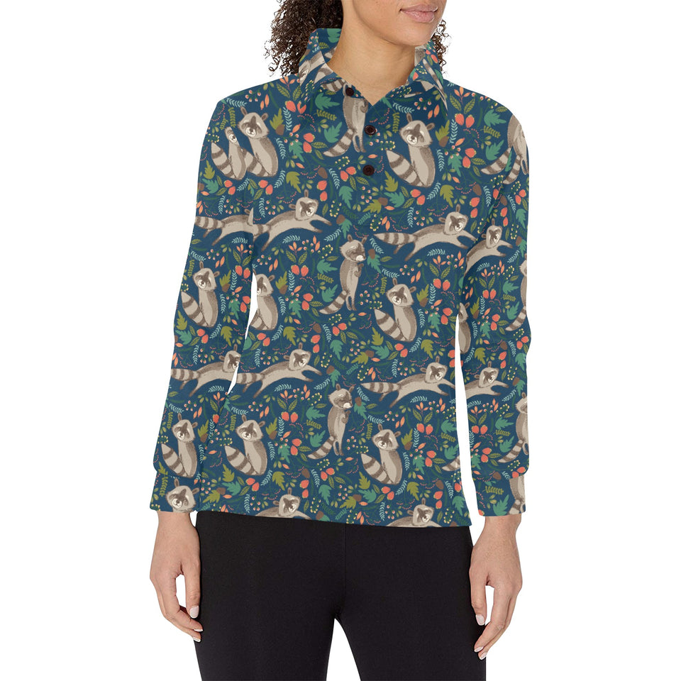 Raccoon tropical leaves pattern Women's Long Sleeve Polo Shirt