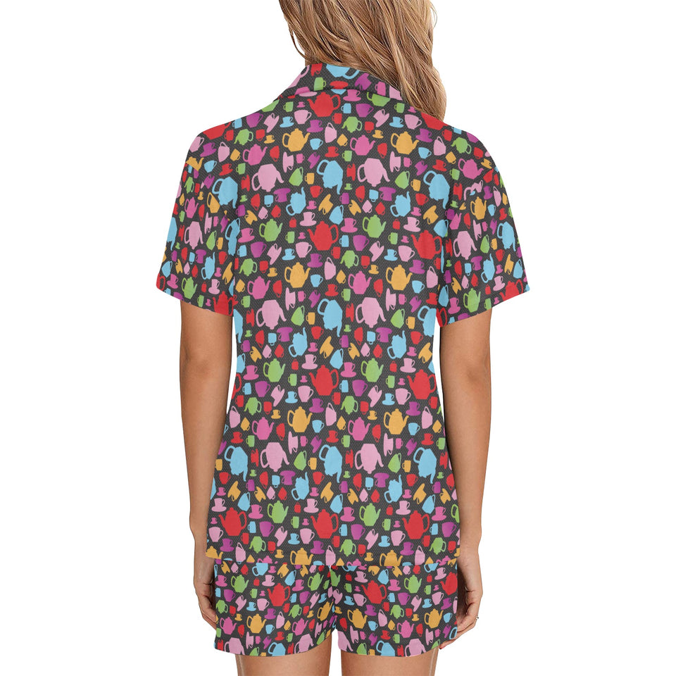 Tea pots Pattern Print Design 01 Women's V-Neck Short Pajama Set