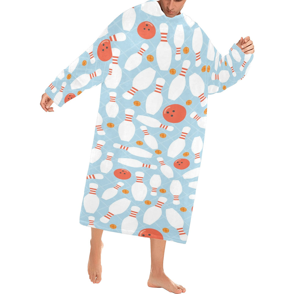 Bowling ball bowling pins blue blackground Blanket Robe with Sleeves