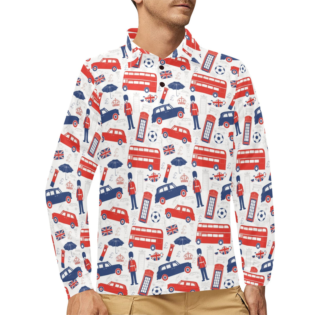 British Pattern Print Design 03 Men's Long Sleeve Polo Shirt