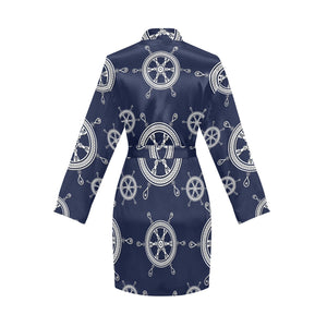 nautical steering wheel design pattern Women's Long Sleeve Belted Night Robe