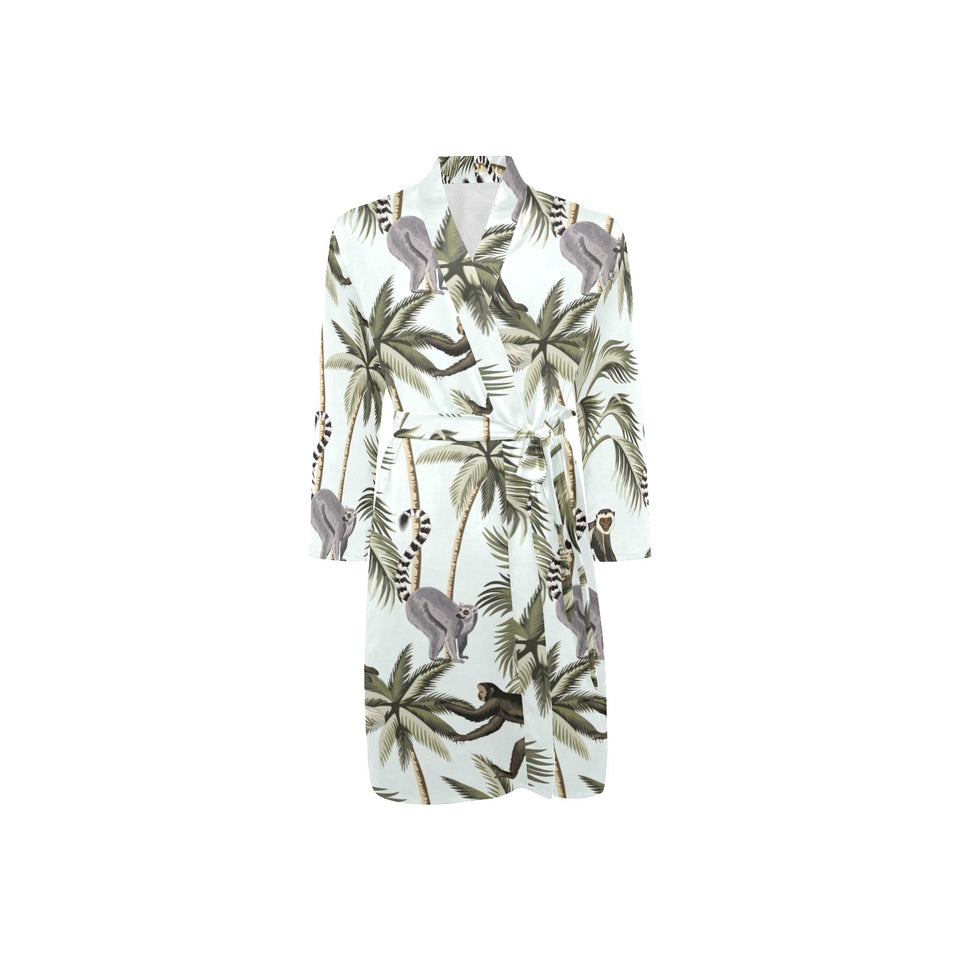 Monkey sloth lemur palm trees pattern Men's Long Sleeve Belted Night Robe