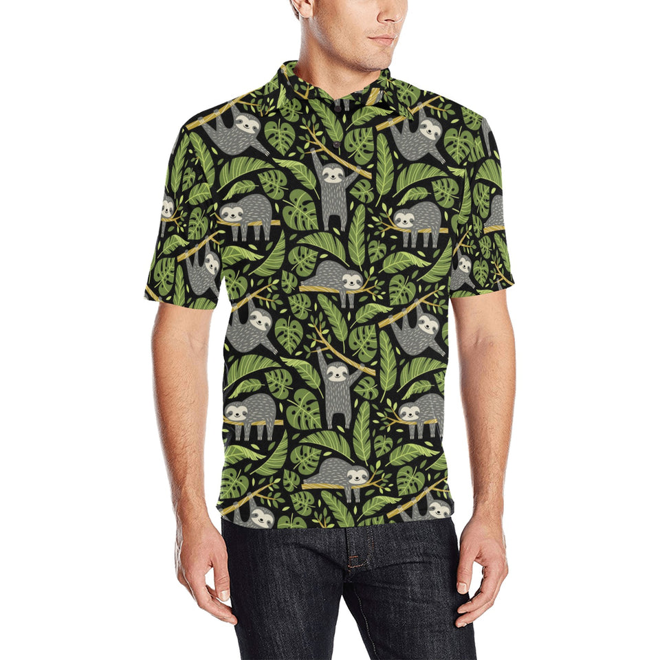 Cute sloths tropical palm leaves black background Men's All Over Print Polo Shirt