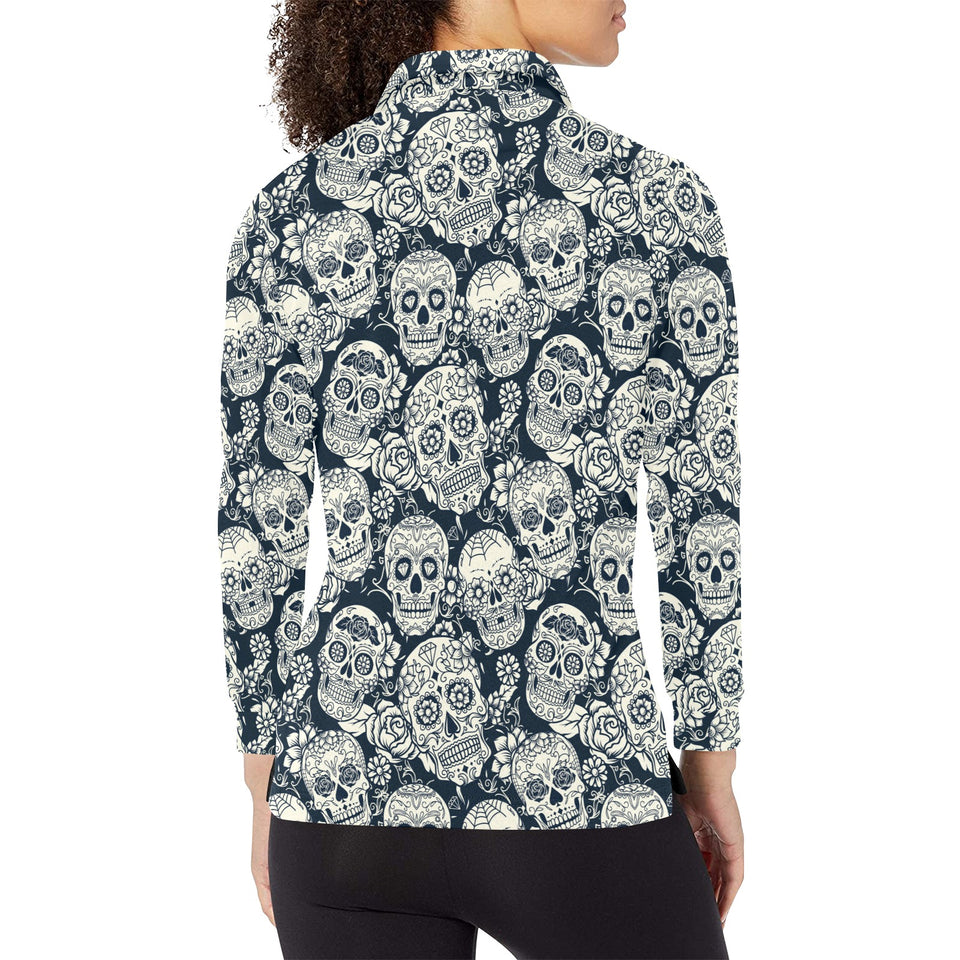 Sugar skull black white pattern Women's Long Sleeve Polo Shirt
