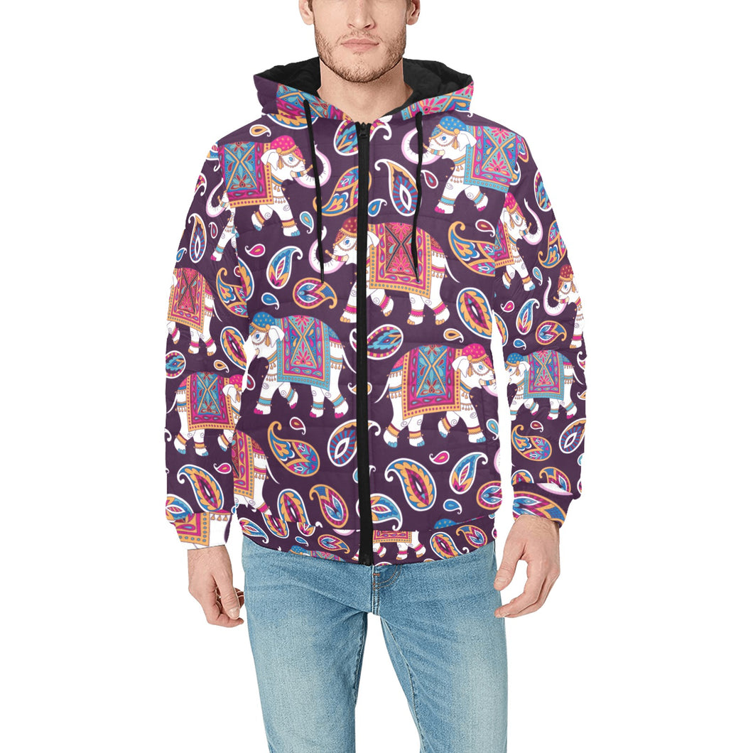 Elephant indian style ornament pattern Men's Padded Hooded Jacket