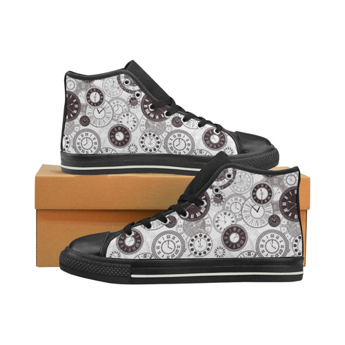 Classic vintage clock pattern Women's High Top Canvas Shoes Black
