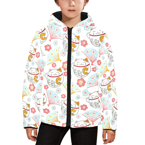 Maneki neko cat fan sakura Kids' Boys' Girls' Padded Hooded Jacket
