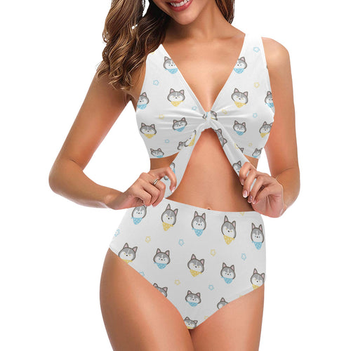 Cute Siberian Husky pattern Chest Bowknot High Waisted Bikini Swimsuit