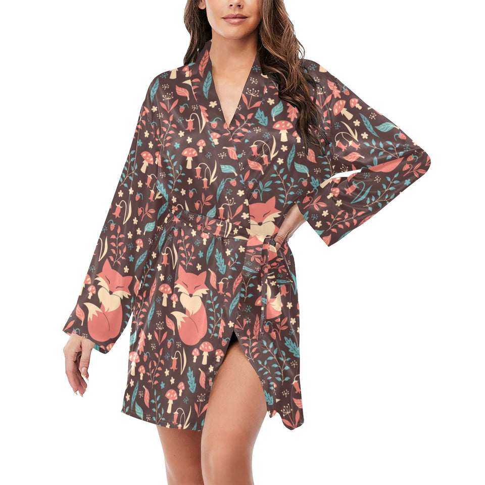 fox leaves mushroom pattern Women's Long Sleeve Belted Night Robe