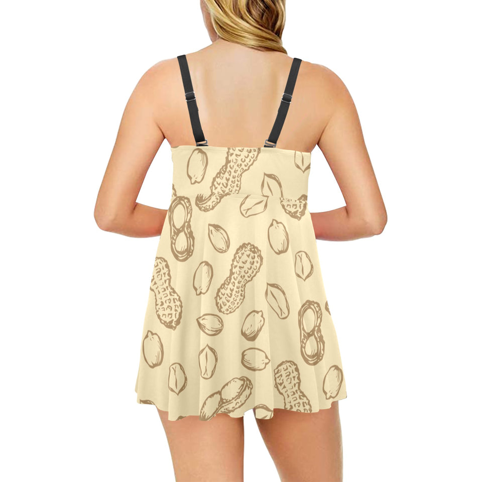 hand drawn peanuts pattern Chest Sexy Pleated Two Piece Swim Dress