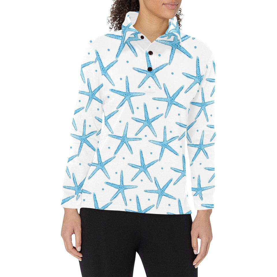 Watercolor starfish pattern Women's Long Sleeve Polo Shirt