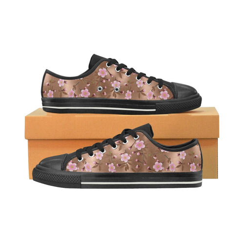 Pink sakura cherry blossom drak brown background Kids' Boys' Girls' Low Top Canvas Shoes Black