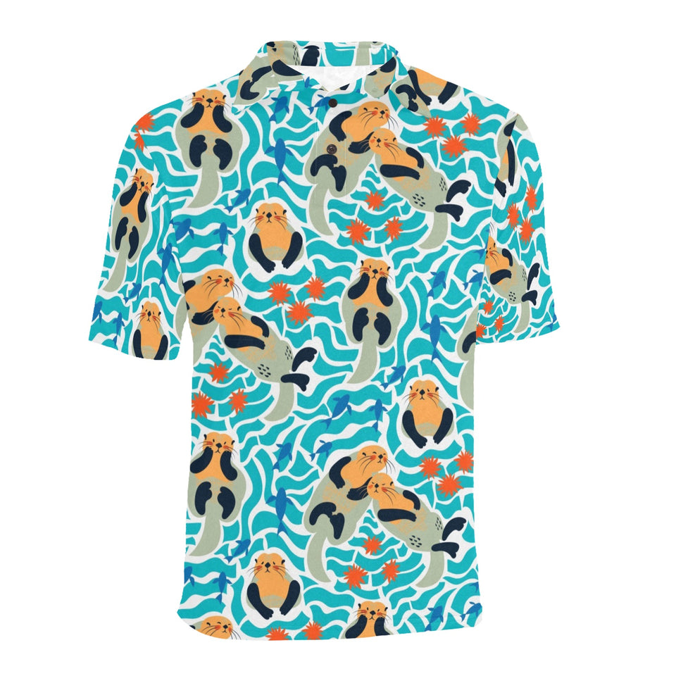 Cute sea otters fishe sea urchin pattern Men's All Over Print Polo Shirt