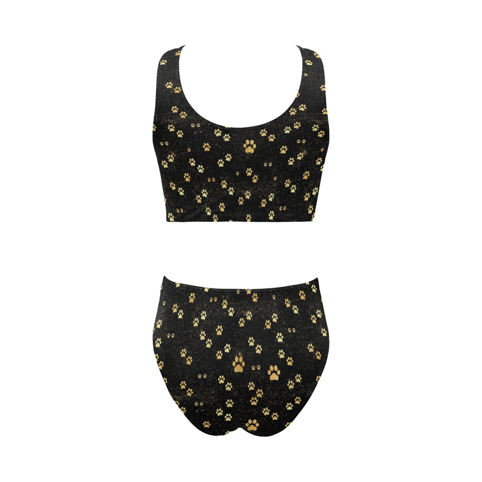 Dog Paws Pattern Print Design 05 Chest Bowknot High Waisted Bikini Swimsuit