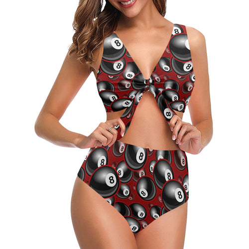 Billiard Ball Pattern Print Design 05 Chest Bowknot High Waisted Bikini Swimsuit