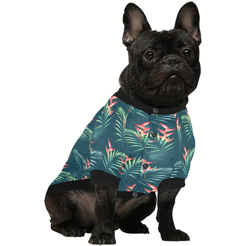 heliconia flowers, palm and monstera leaves on bla All Over Print Pet Dog Round Neck Fuzzy Shirt