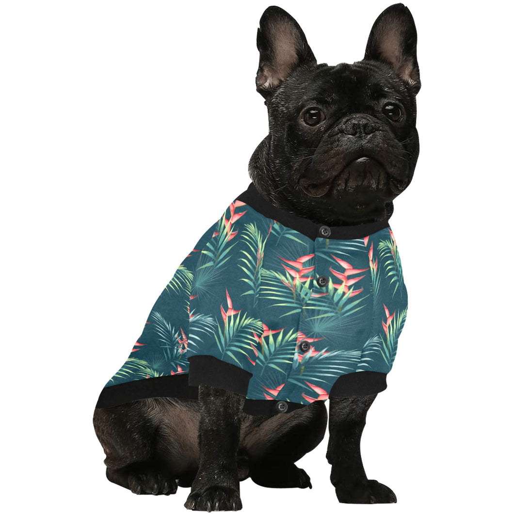 heliconia flowers, palm and monstera leaves on bla All Over Print Pet Dog Round Neck Fuzzy Shirt