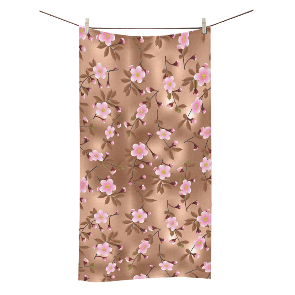 Pink sakura cherry blossom drak brown background Bath Towel