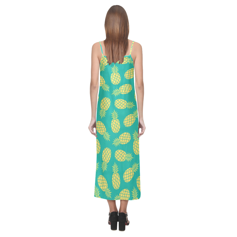 Pineapples pattern green background V-Neck Open Fork Long Dress