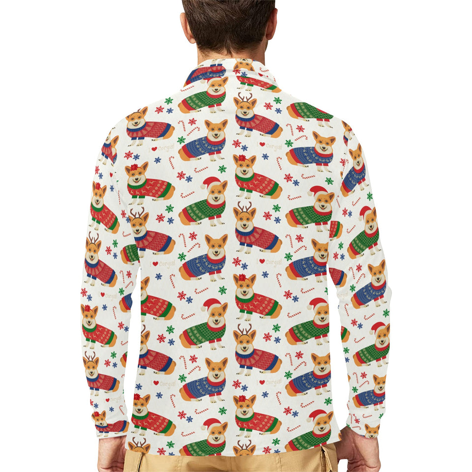 Corgi Christmas Pattern Men's Long Sleeve Polo Shirt