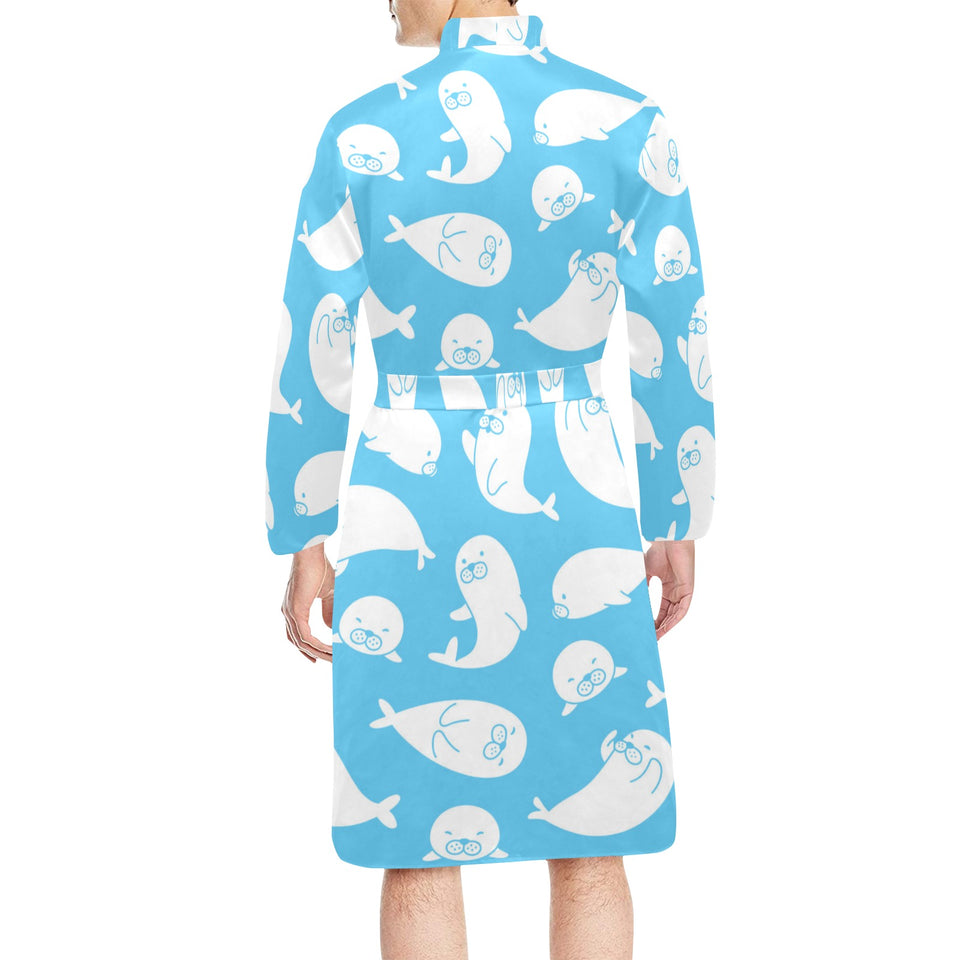 Cute white sea lion seals pattern Men's Long Sleeve Belted Night Robe