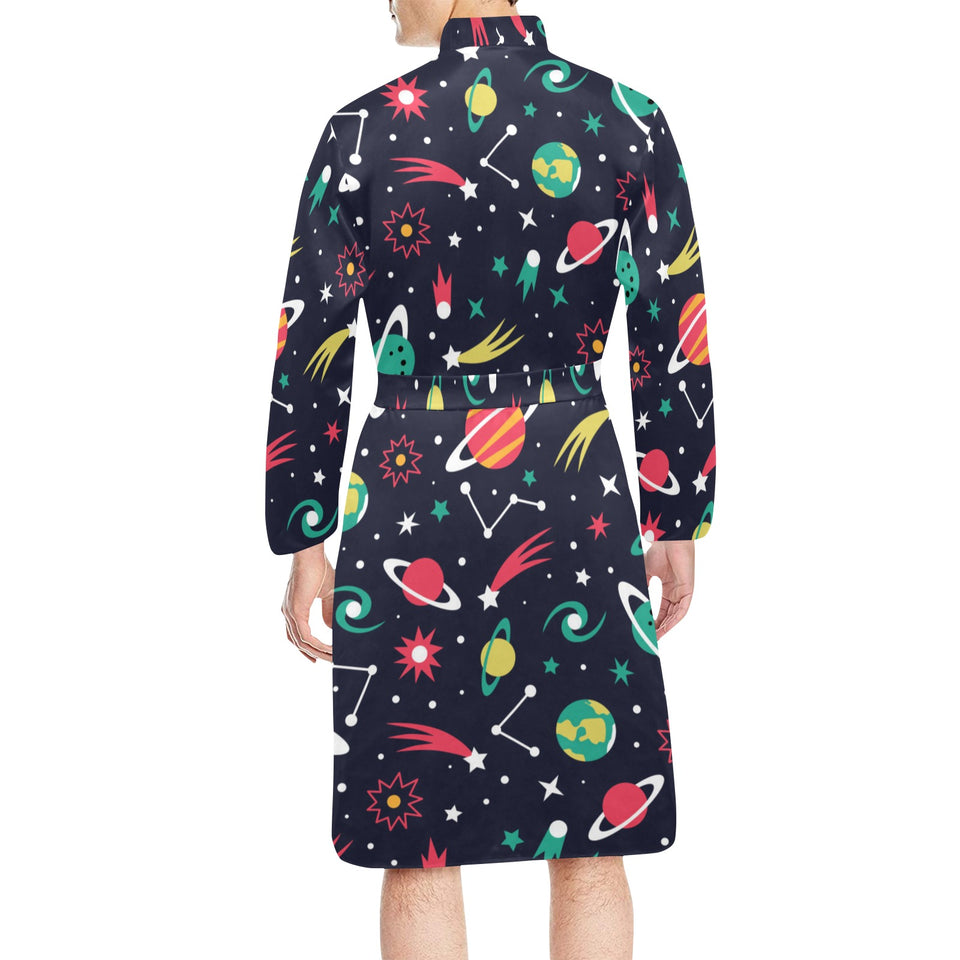 colorful space pattern planet star Men's Long Sleeve Belted Night Robe