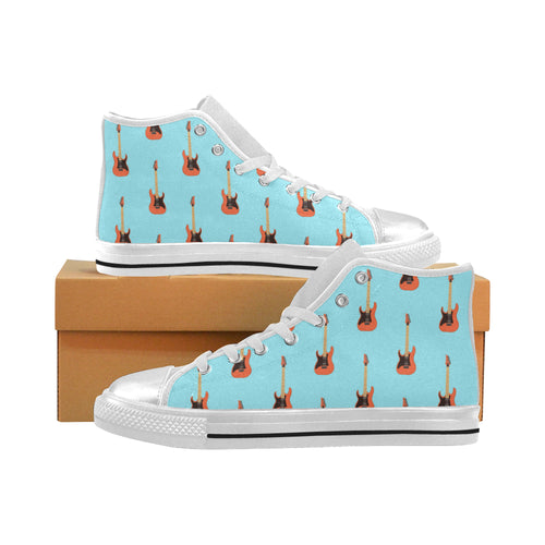 electric guitar pattern light blue background Women's High Top Canvas Shoes White