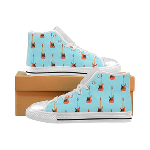 electric guitar pattern light blue background Women's High Top Canvas Shoes White