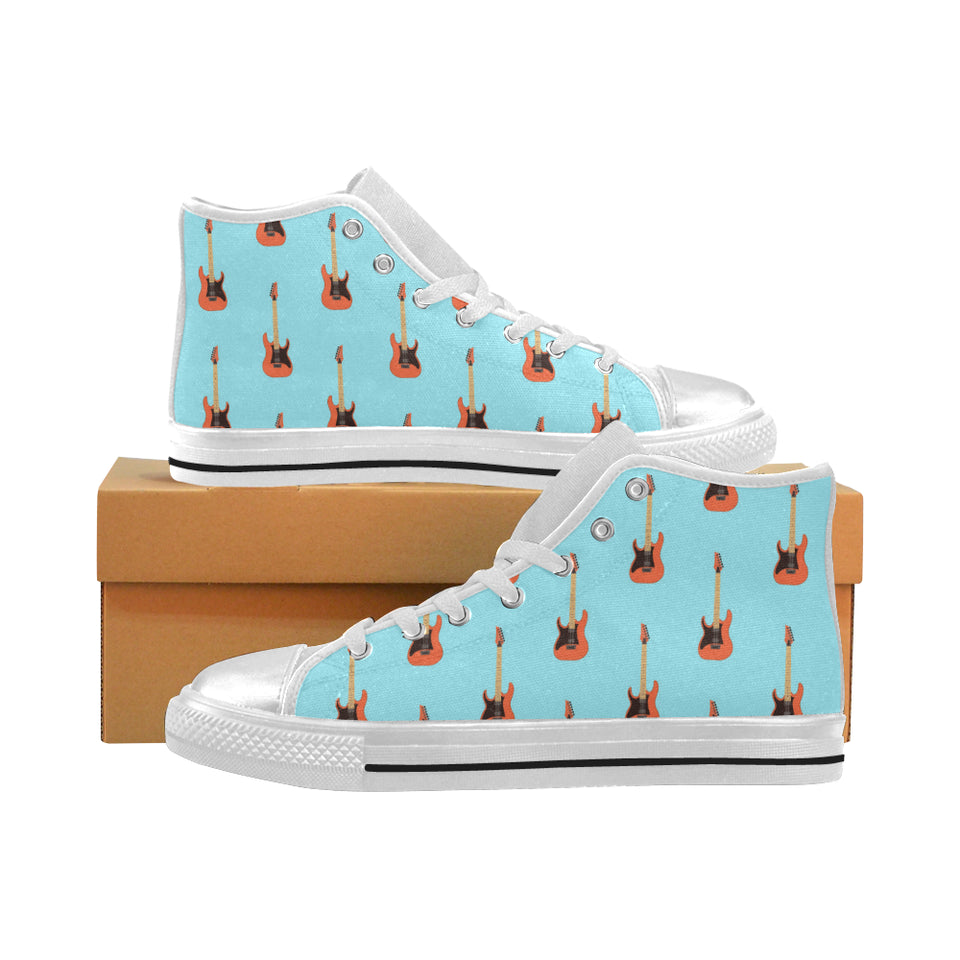 electric guitar pattern light blue background Women's High Top Canvas Shoes White