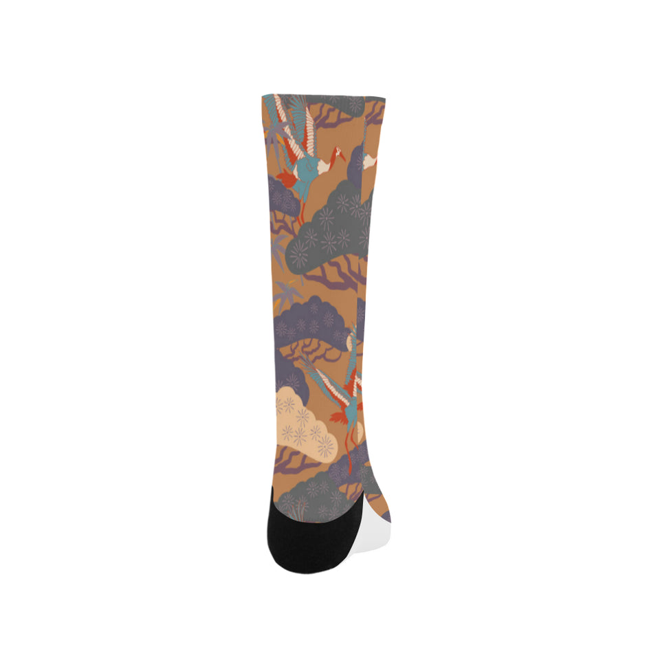 Bonsai bamboo stork japanese pattern brown theme Crew Socks